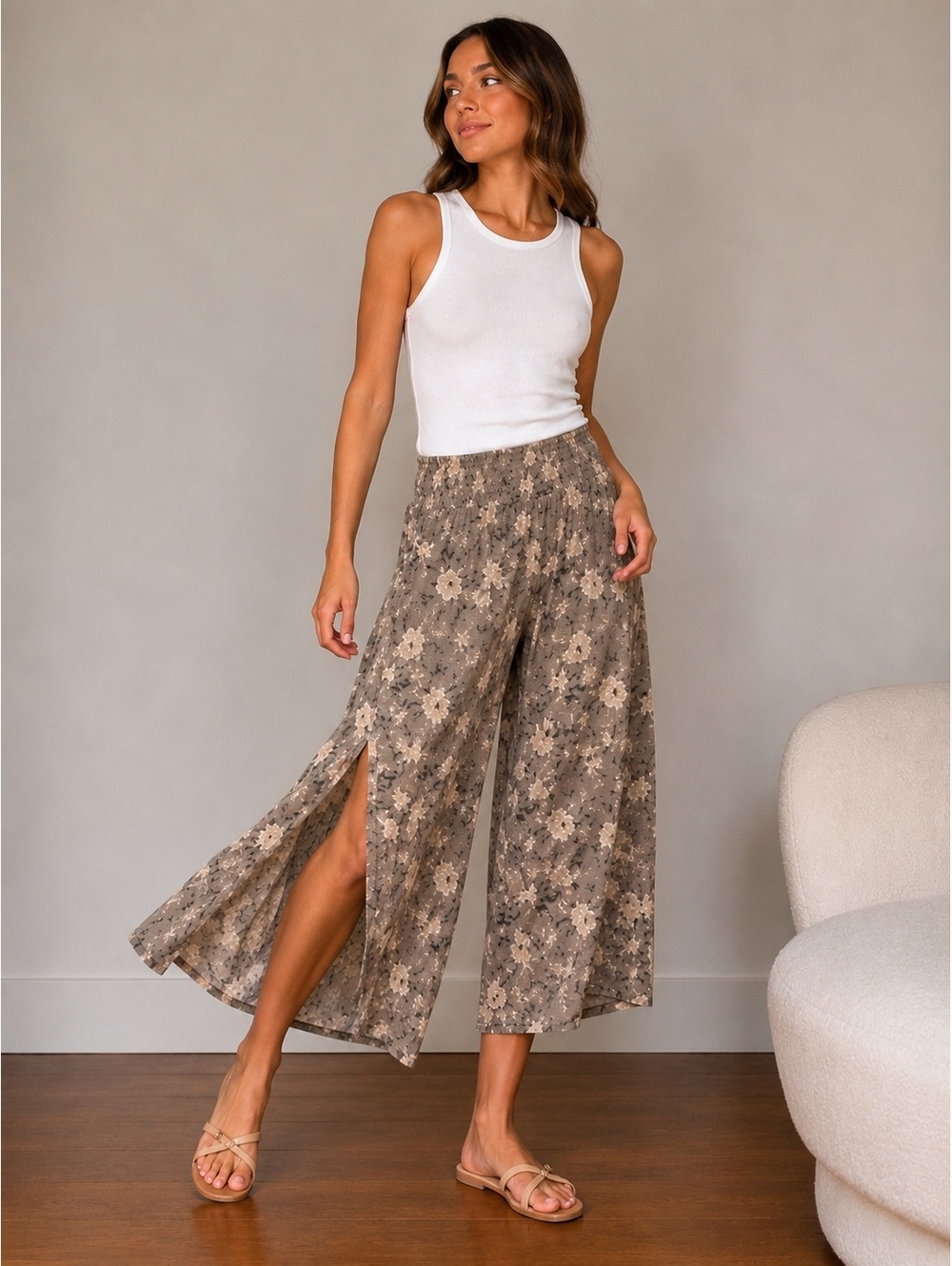 Floral Wide Leg Palazzo Pants Smocked Waist Boho Gray Women’s Small